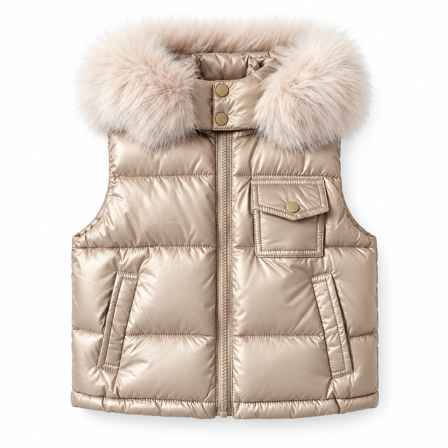 AW26 Champagne Fur Hood Gillet Puffer Jacket