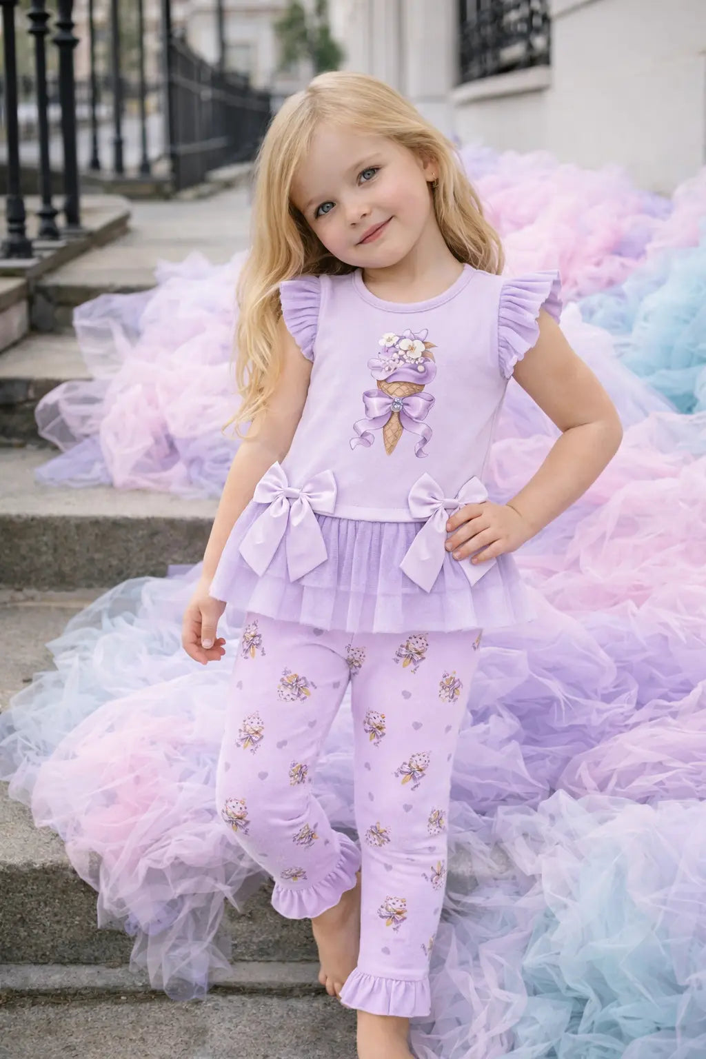 SS26 Girls Lilac Tulle Ice Cream T-Shirt & Legging Set Dainty Delilah