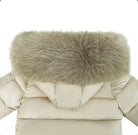 Beige puffer jacket with large fluffy fur hood trim in light brown