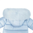 Light blue puffer jacket with large fluffy fur-trimmed hood for winter wear