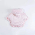 Soft pink baby jacket with fluffy hood and ruffled edges on white background