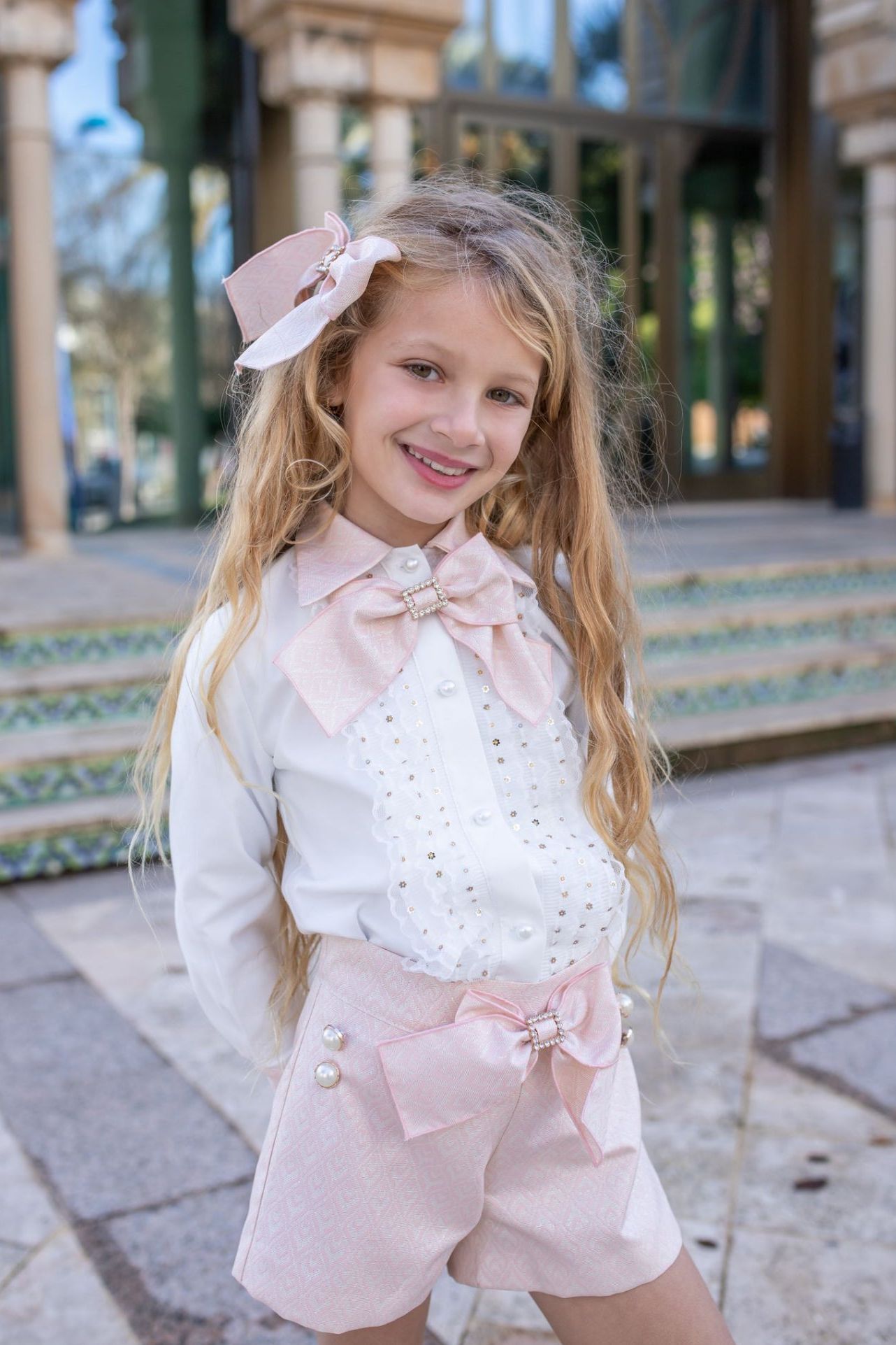 AW24 Naxos Girls Pink Damask Pearl Blazer Set