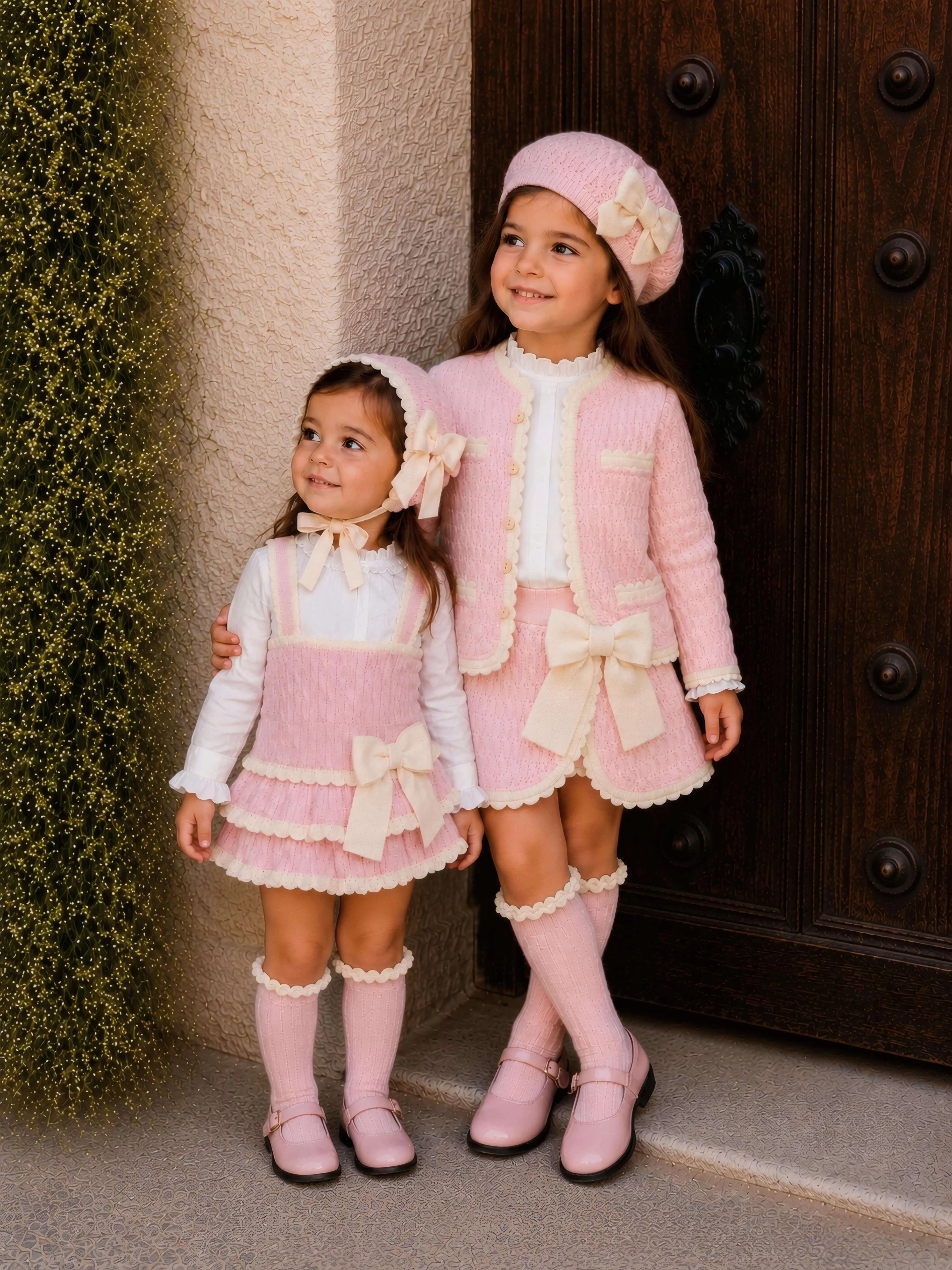 Rahigo AW26 Baby Pink & Cream Knit Skirt Set with Cardigan, Beret & Socks Rahigo Moda Infantil