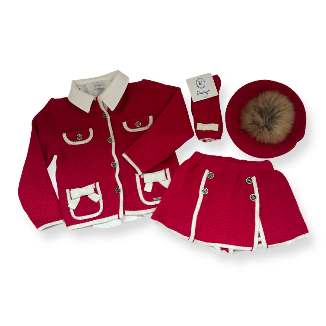 AW24 Rahigo Red & Cream Girls Set, Socks & Beret Hat