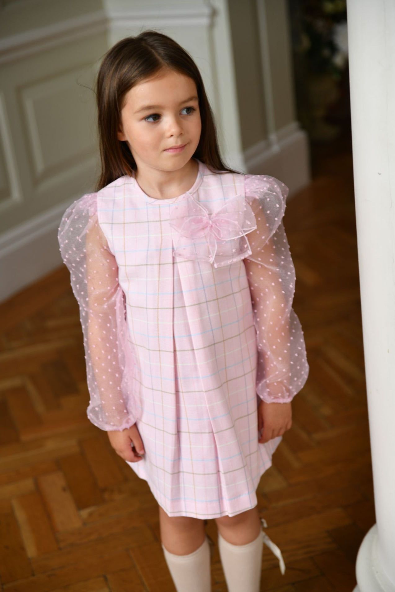 AW24 Babine Girls Pink Check Organza Arms Dress