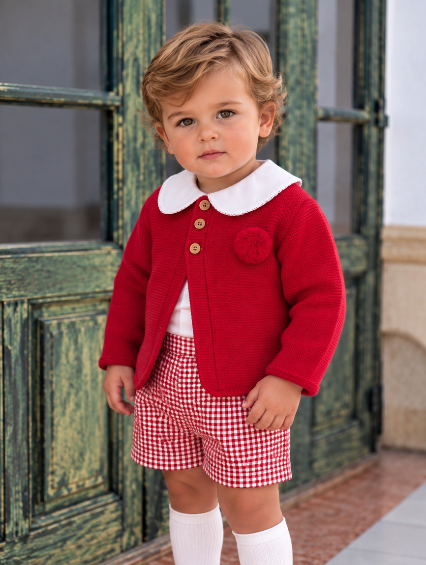 AW26 Lor Miral Baby Boys Red Gingham Set With Cardigan featuring a red cardigan and gingham shorts, available in sizes 3M, 6M, 12M, 18M, 24M.
