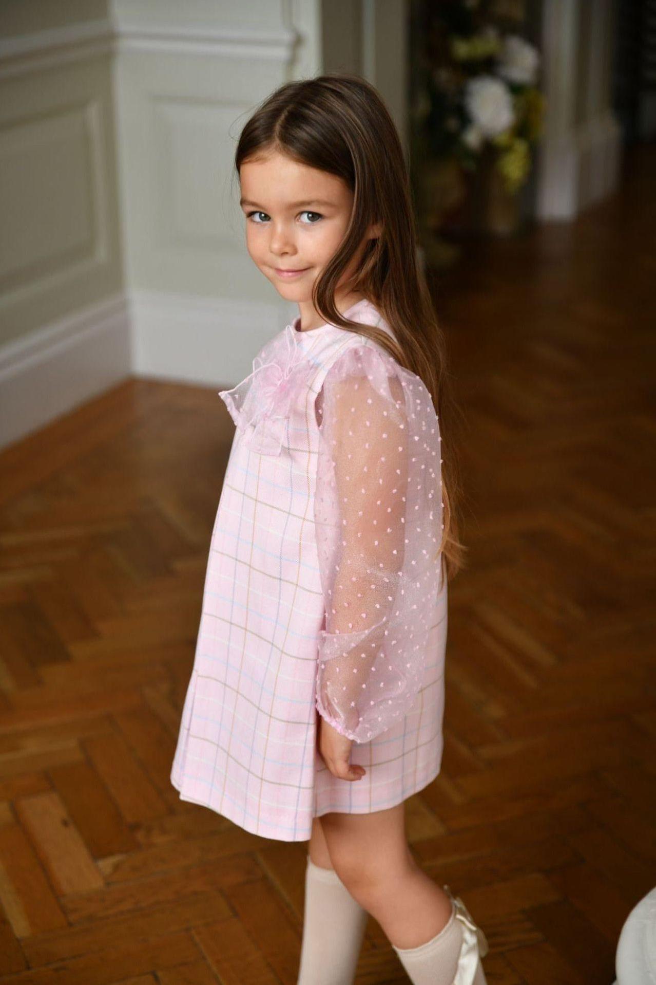 AW24 Babine Girls Pink Check Organza Arms Dress