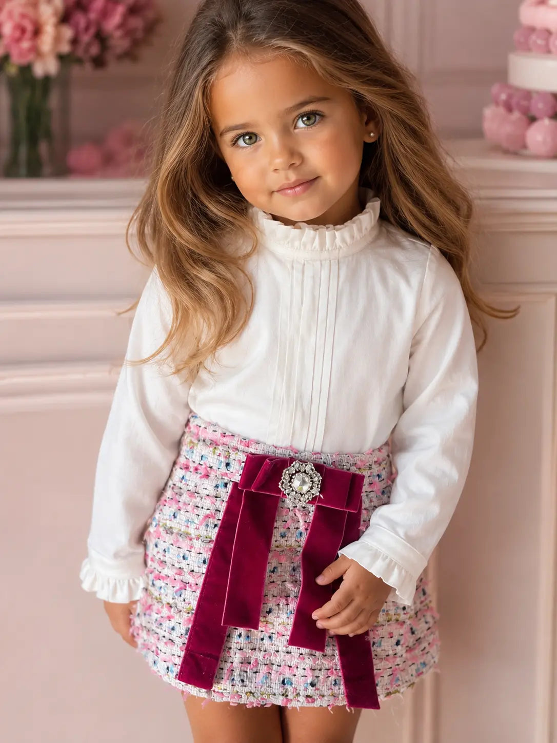 AW25 Naxos Girls Hot Pink Tweed Shirt & Skirt Set Naxos