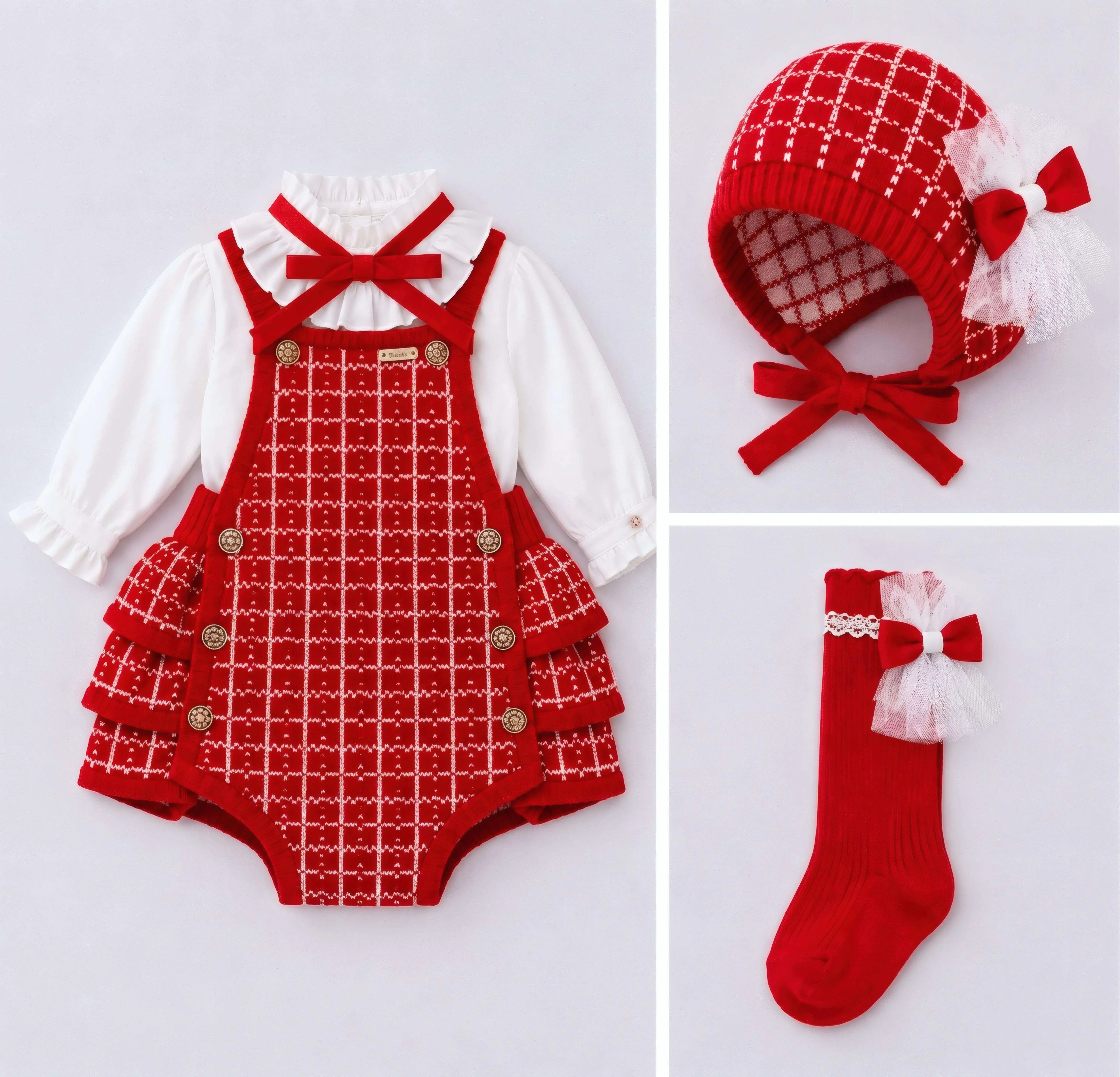 AW26 Rahigo Baby Girls Red Cardigan,Pinafore,Shirt,Bonnet & Socks Rahigo Moda Infantil