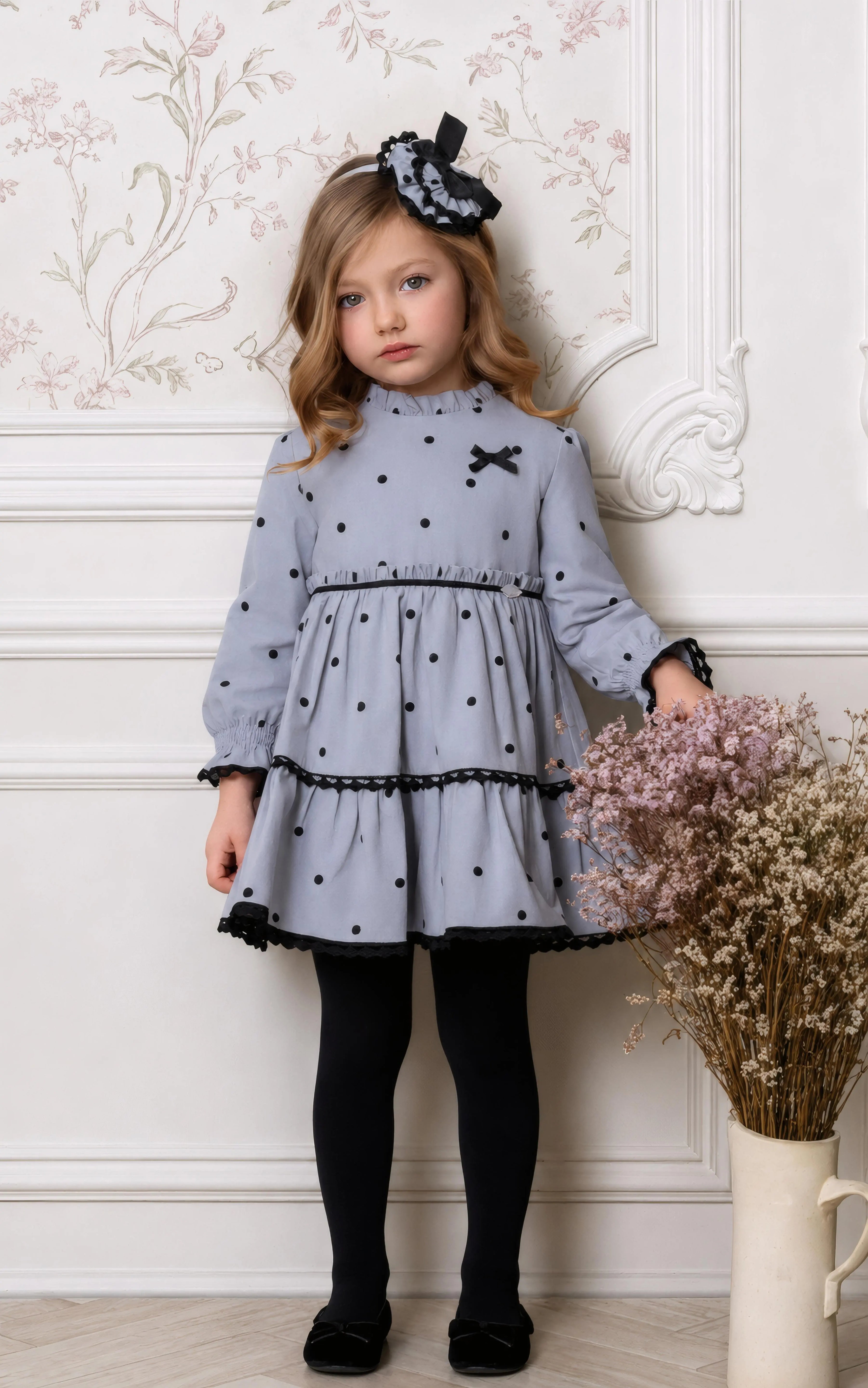 AW26 Miranda Girls Grey Polka Dot Dress Miranda