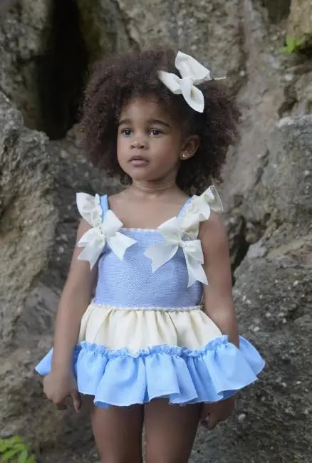 Ela Confeccion Girls Blue Knitted Puffball Dress Ela Confeccion