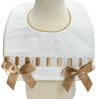 White / Beige Spanish Pique Ribbon Bib Dainty Delilah