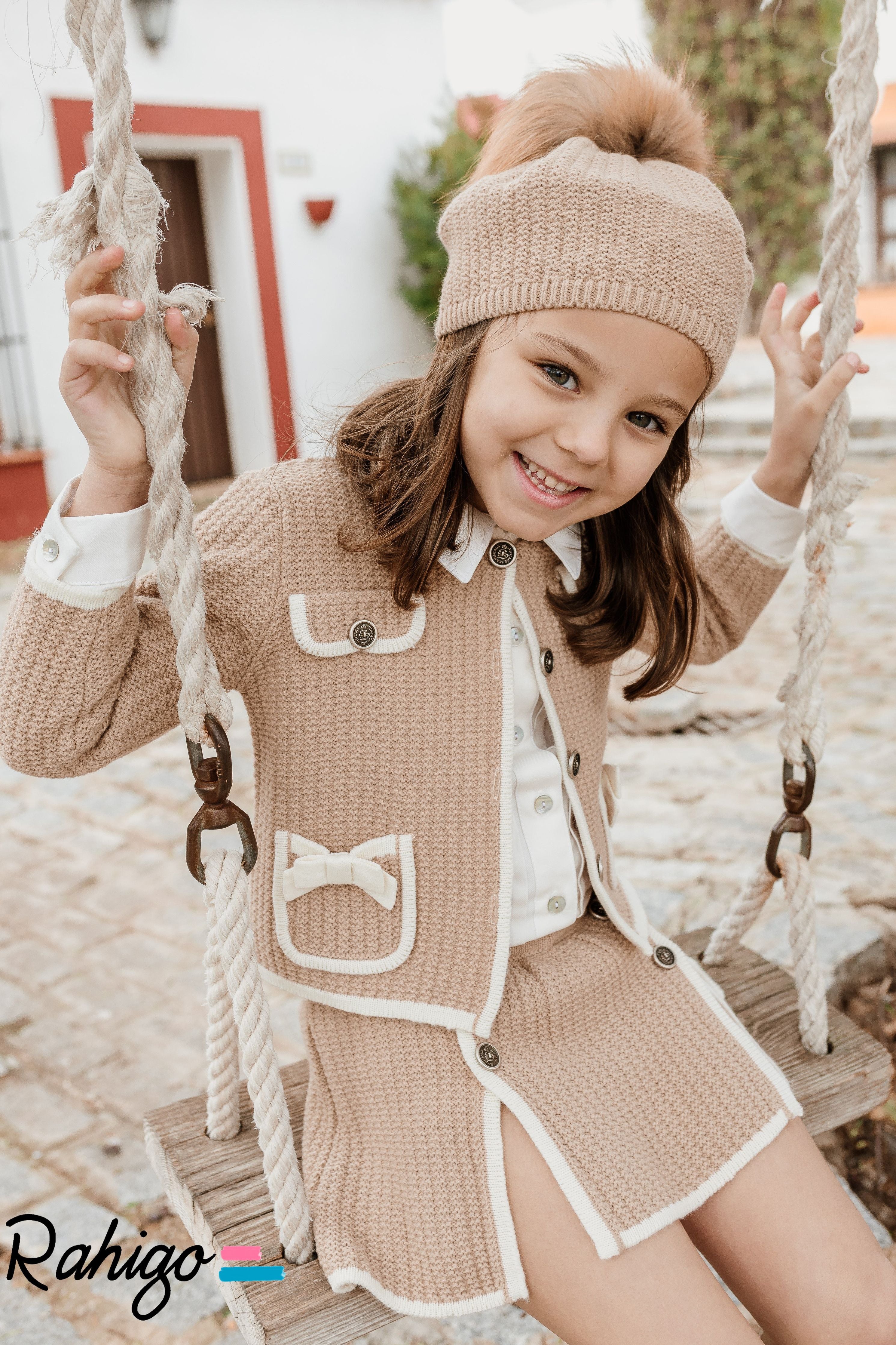 AW24 Rahigo Camel & Cream Girls Set, Socks & Beret Hat