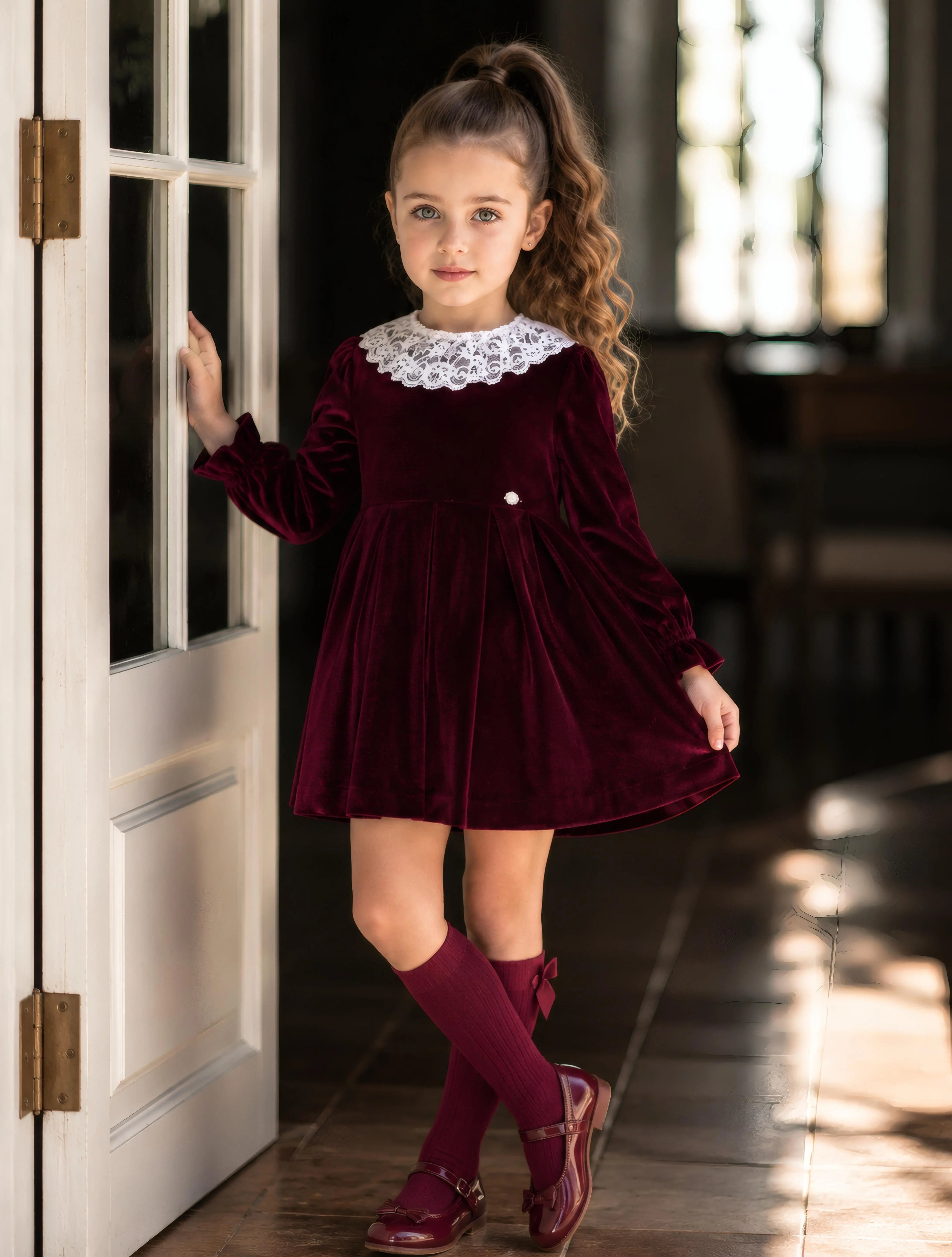 AW26 Miranda Girls Burgundy Velvet Lace Dress Miranda