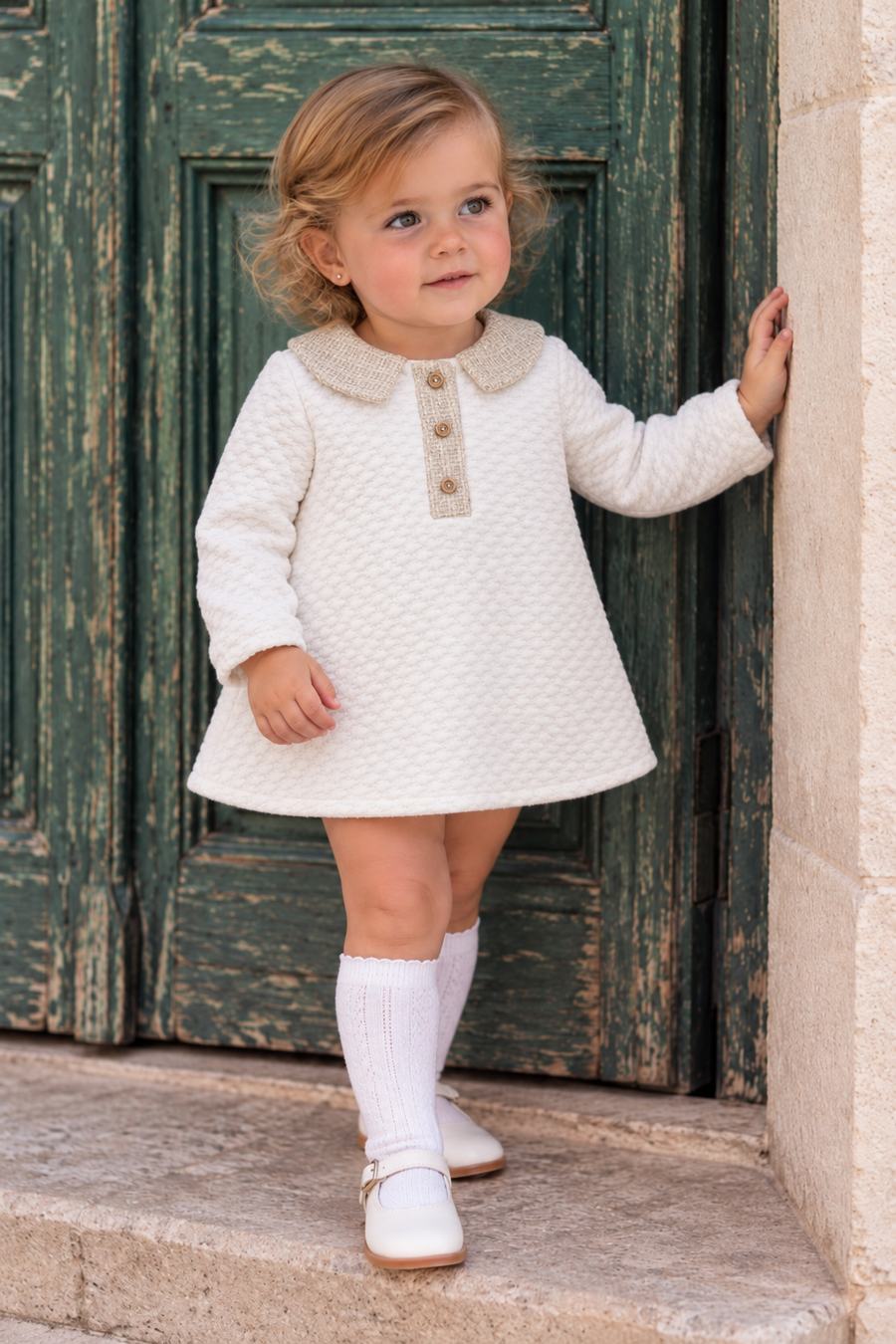 AW26 Lor Miral Baby Girls Cream Spanish Waffle Dress featuring a textured waffle pattern, collar, and buttons, available in sizes 3-24 months.