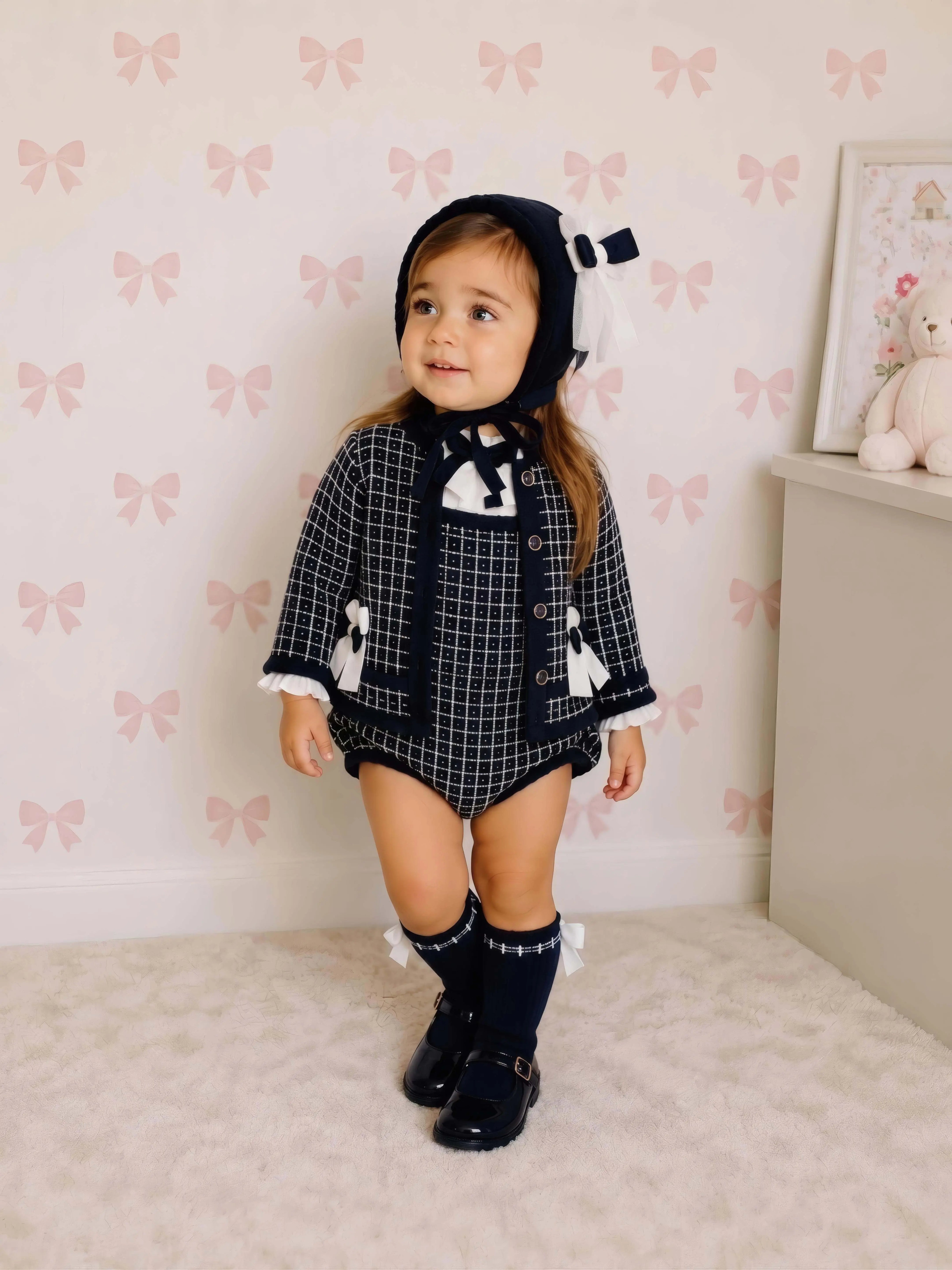 AW26 Rahigo Baby Girls Navy Cardigan,Pinafore,Shirt,Bonnet & Socks Rahigo Moda Infantil