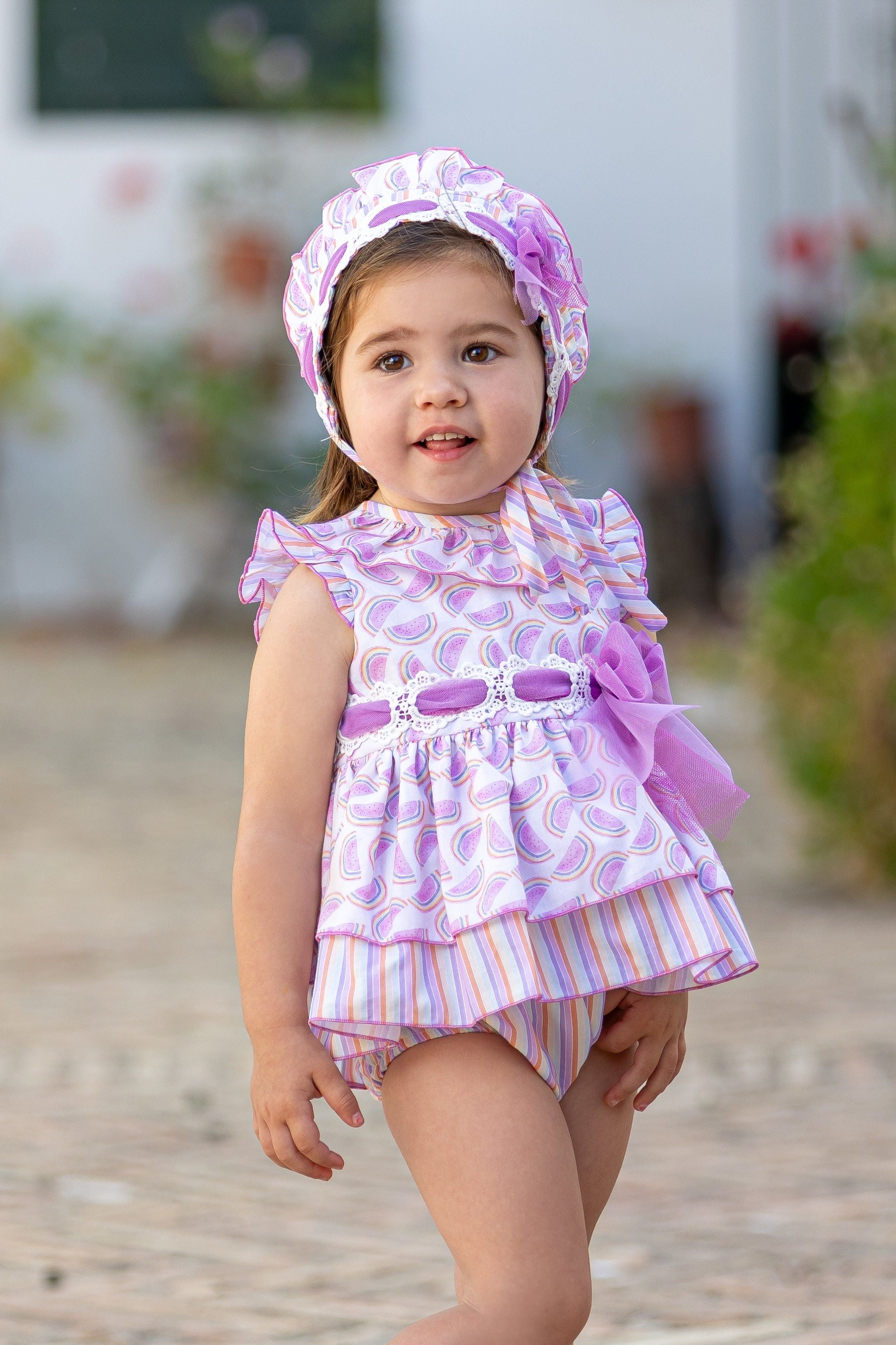 SS25 Babine Baby Girls Melon Dress, Knickers & Bonnet