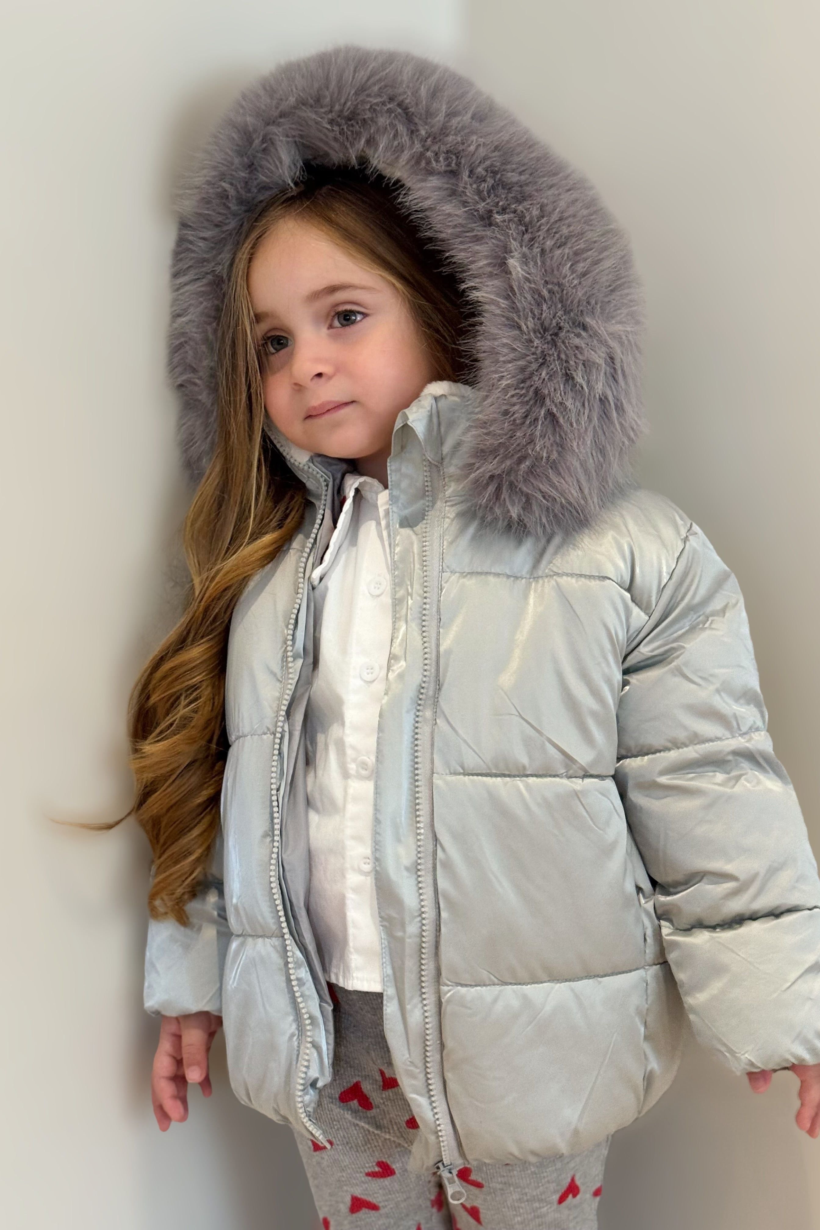 Girls Silver Metallic Fur Hood Coat