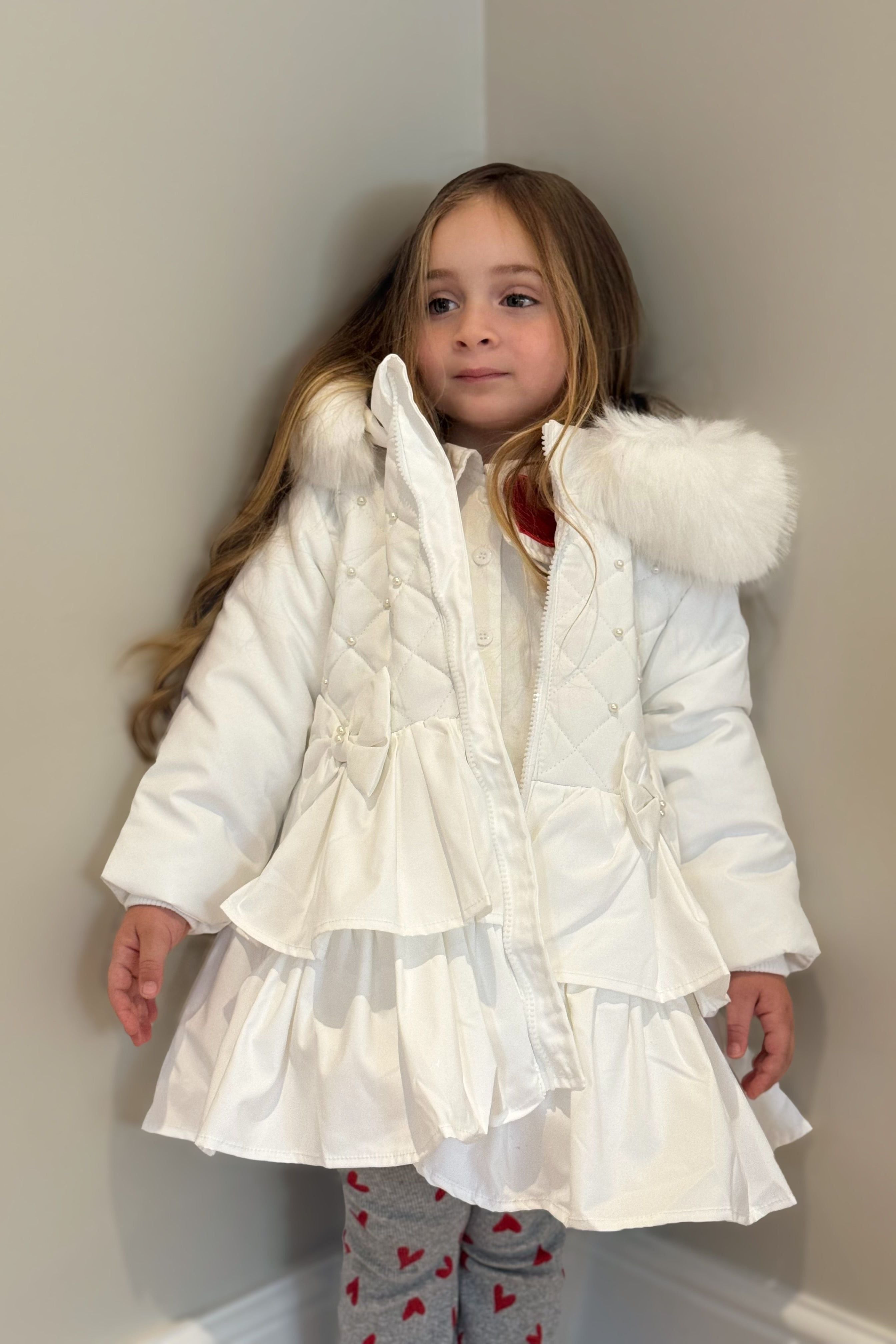 Girls White Pearl  Frilly Coat