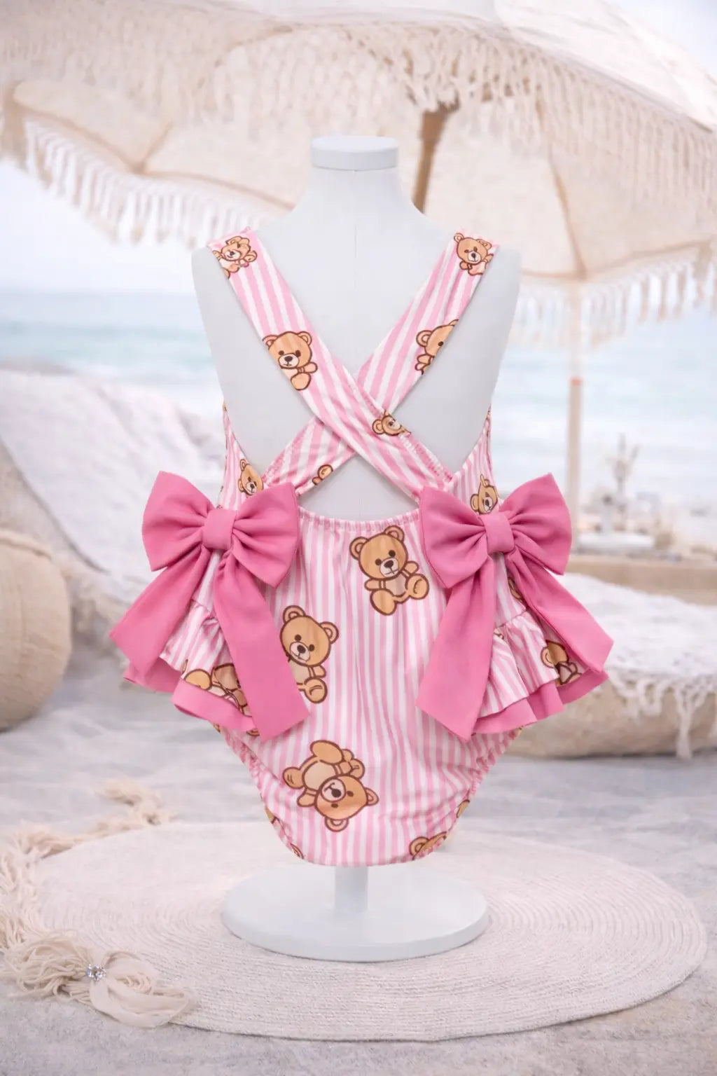Girls Summer Pink Bear Frilly Bow Swimming Costume Dainty Delilah