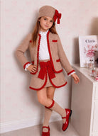 Rahigo AW26 Camel & Red Knit Skirt Set with Cardigan, Beret & Socks Rahigo Moda Infantil