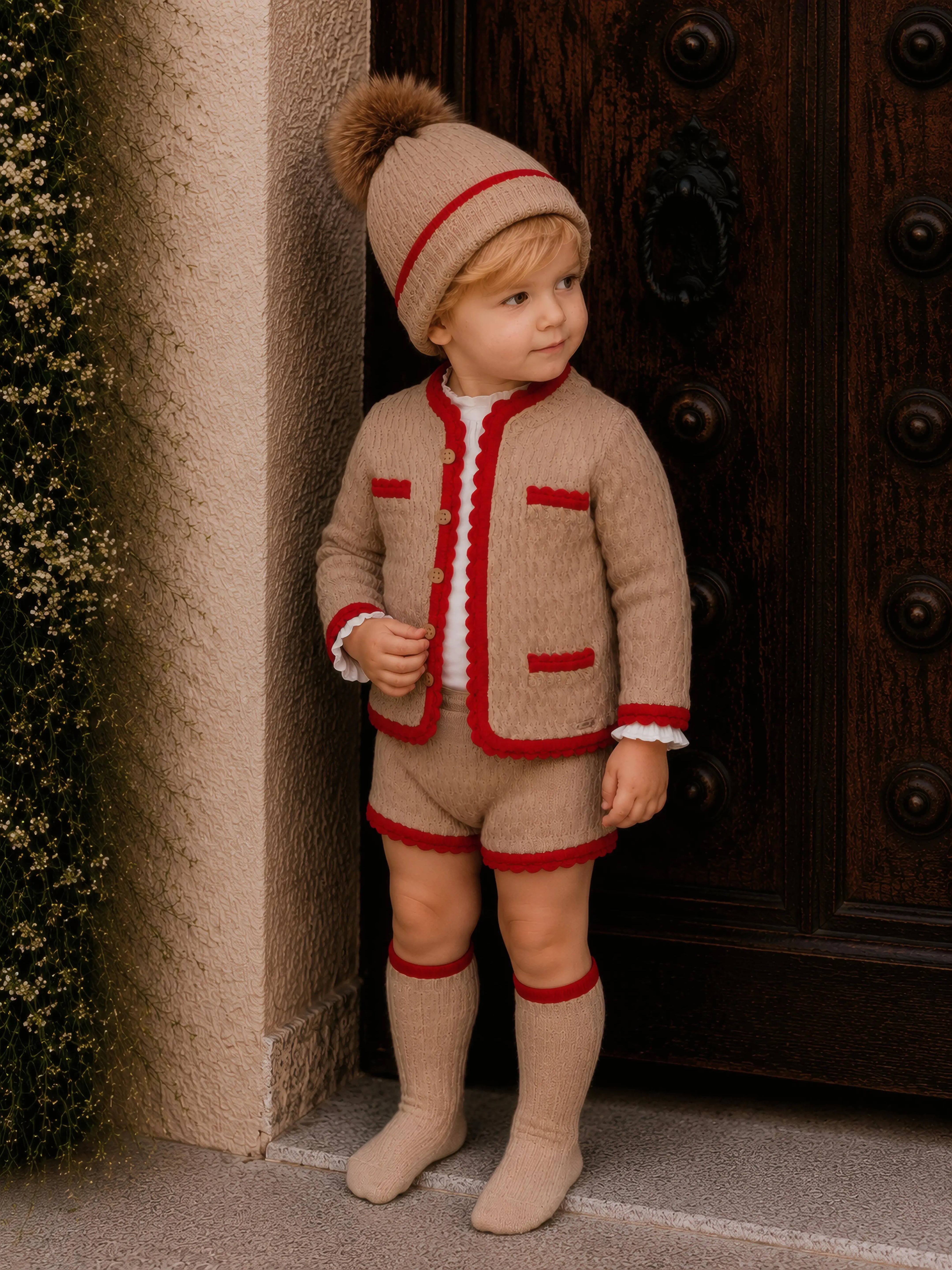 AW26 Rahigo Baby Boys Camel & Red Knitted Short 5P Set Rahigo Moda Infantil