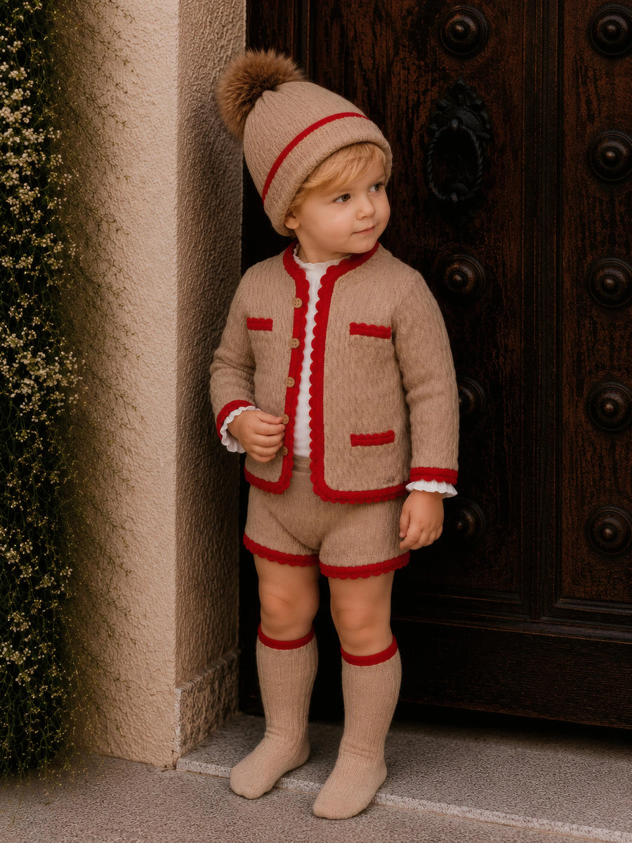 AW26 Rahigo Baby Boys Camel & Red Knitted Short 5P Set, available in sizes 12 Months, 18 Months, 2 Years, 3 Years, 4 Years.