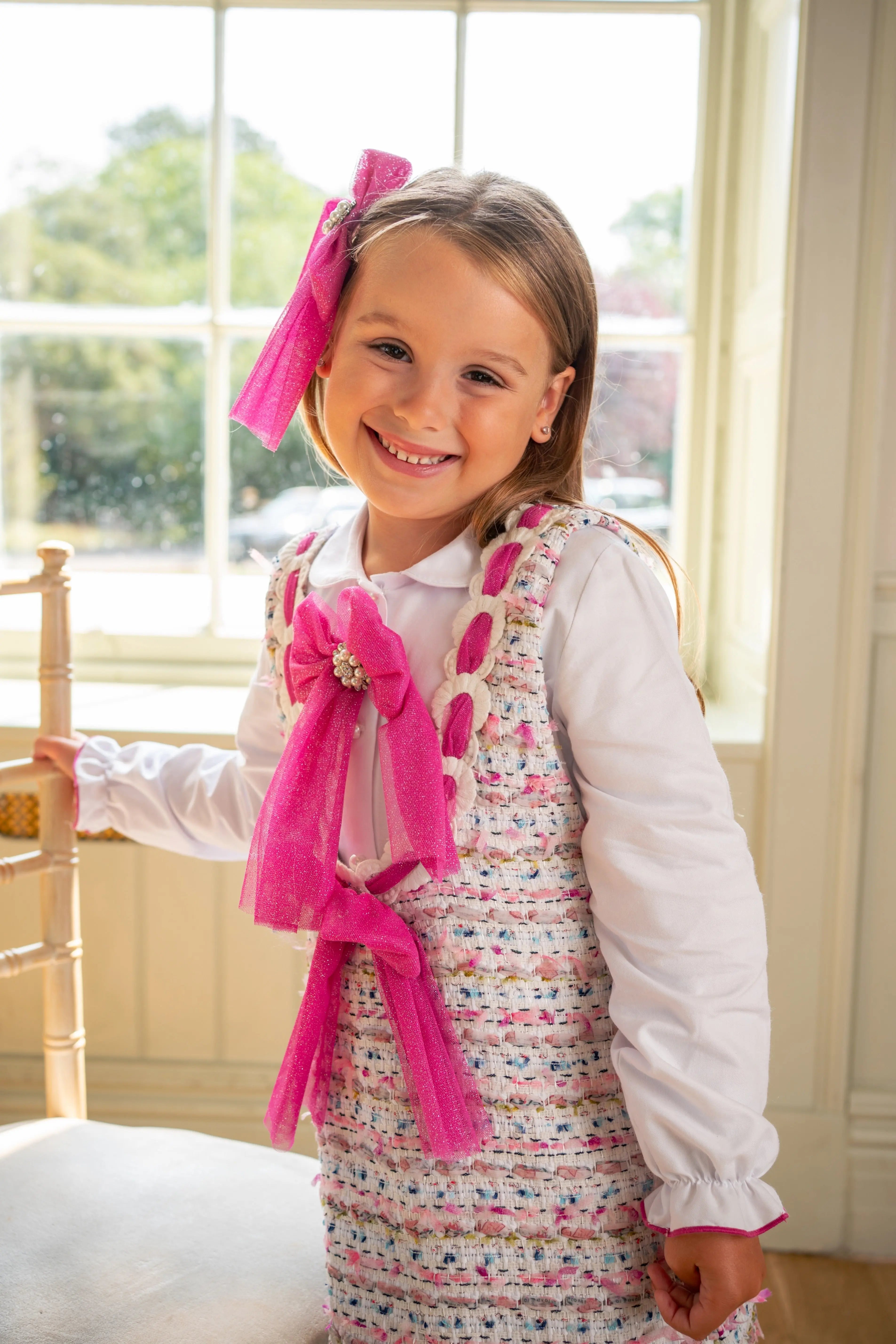AW25 Naxos Girls Hot Pink Tweed Pinafore Skort & Shirt Set Naxos