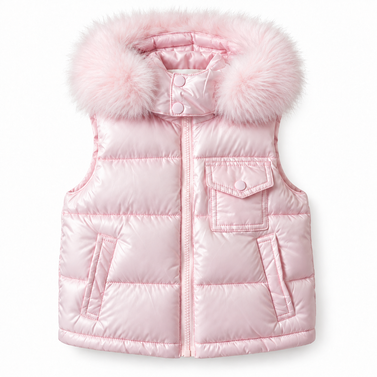 AW26 Baby Pink Fur Hood Gillet Puffer Jacket
