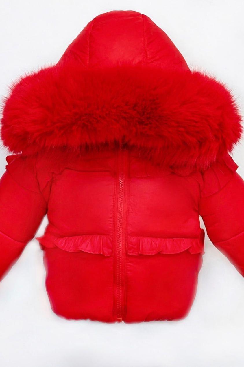 Girls Red Frilly Fur Coat