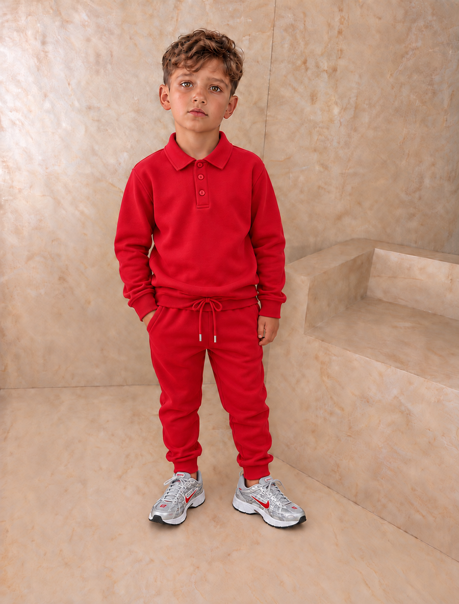 AW26 Boys Red Polo Top Plain Cotton Tracksuit