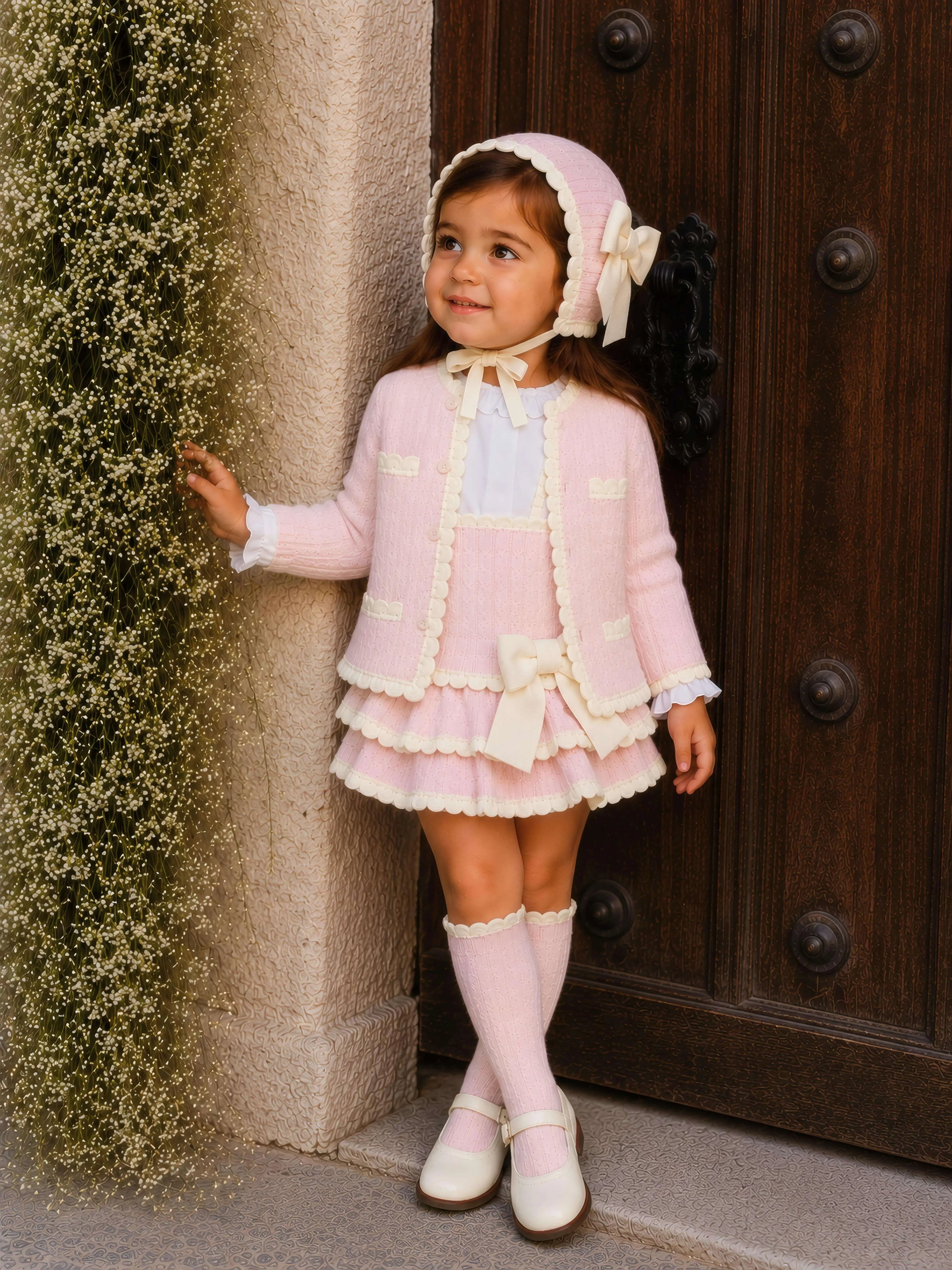 AW26 Rahigo Baby Girls Pink & Cream Cardigan,Pinafore,Shirt,Bonnet & Socks Rahigo Moda Infantil