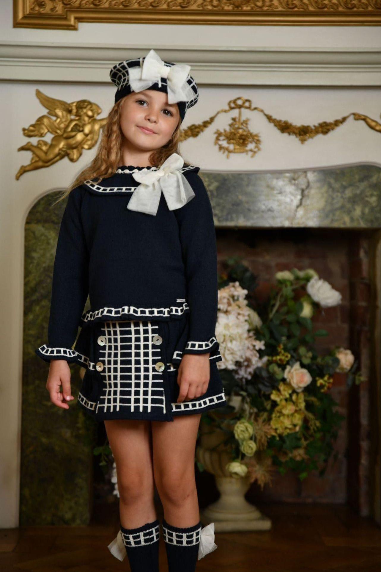 AW24 Rahigo White & Navy Girls Set, Socks & Beret Hat