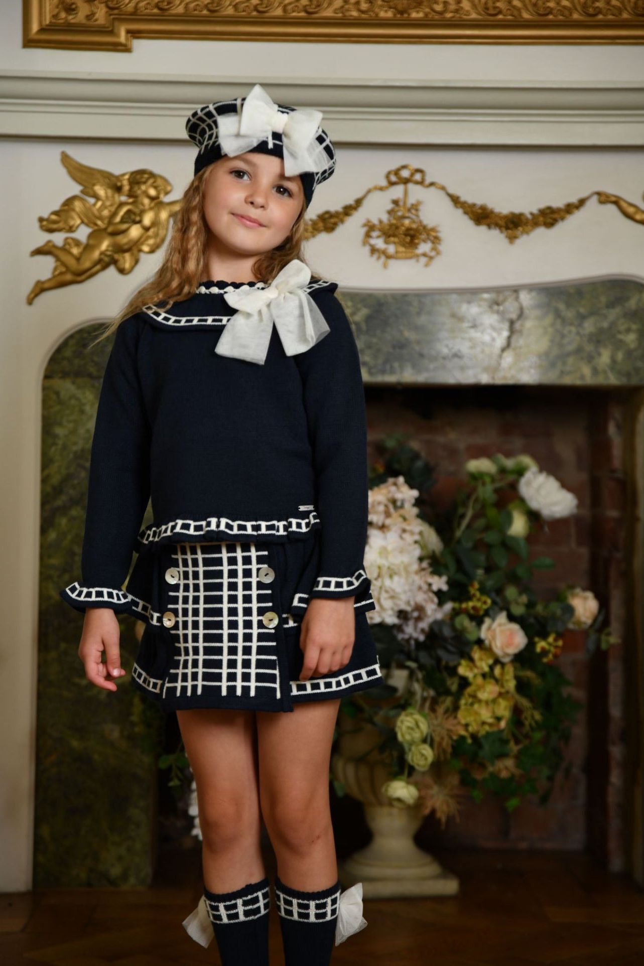 AW24 Rahigo White & Navy Girls Set, Socks & Beret Hat