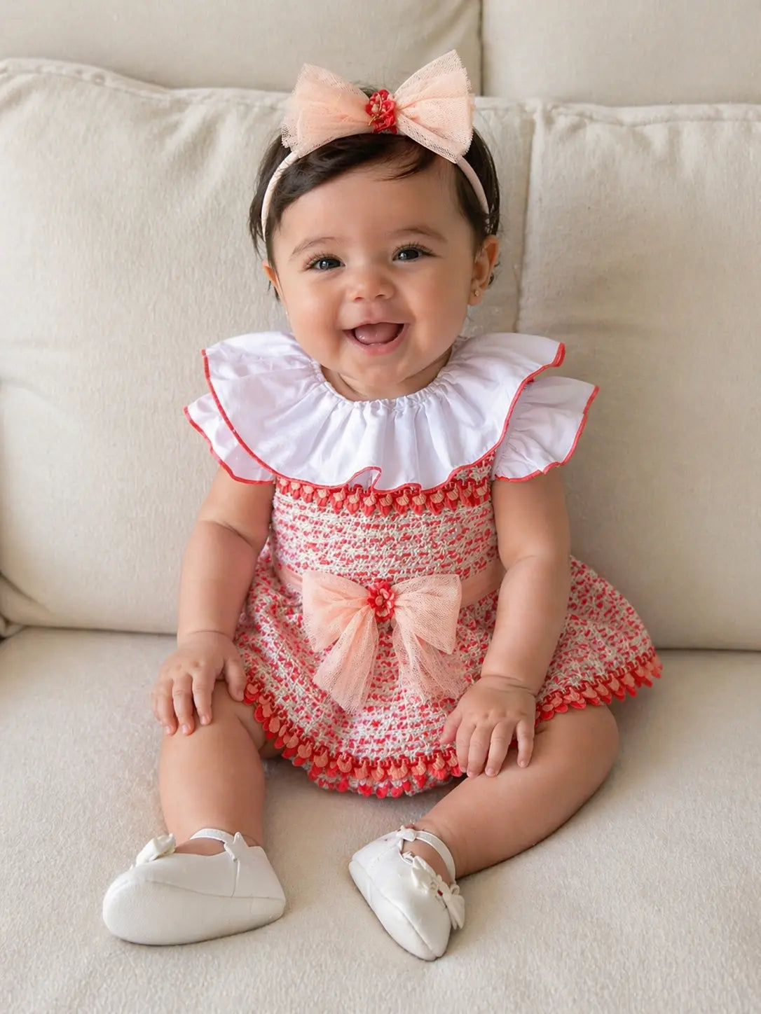 SS26 Naxos Baby Girls Coral & Peach Shirt & H Bar Romper Naxos