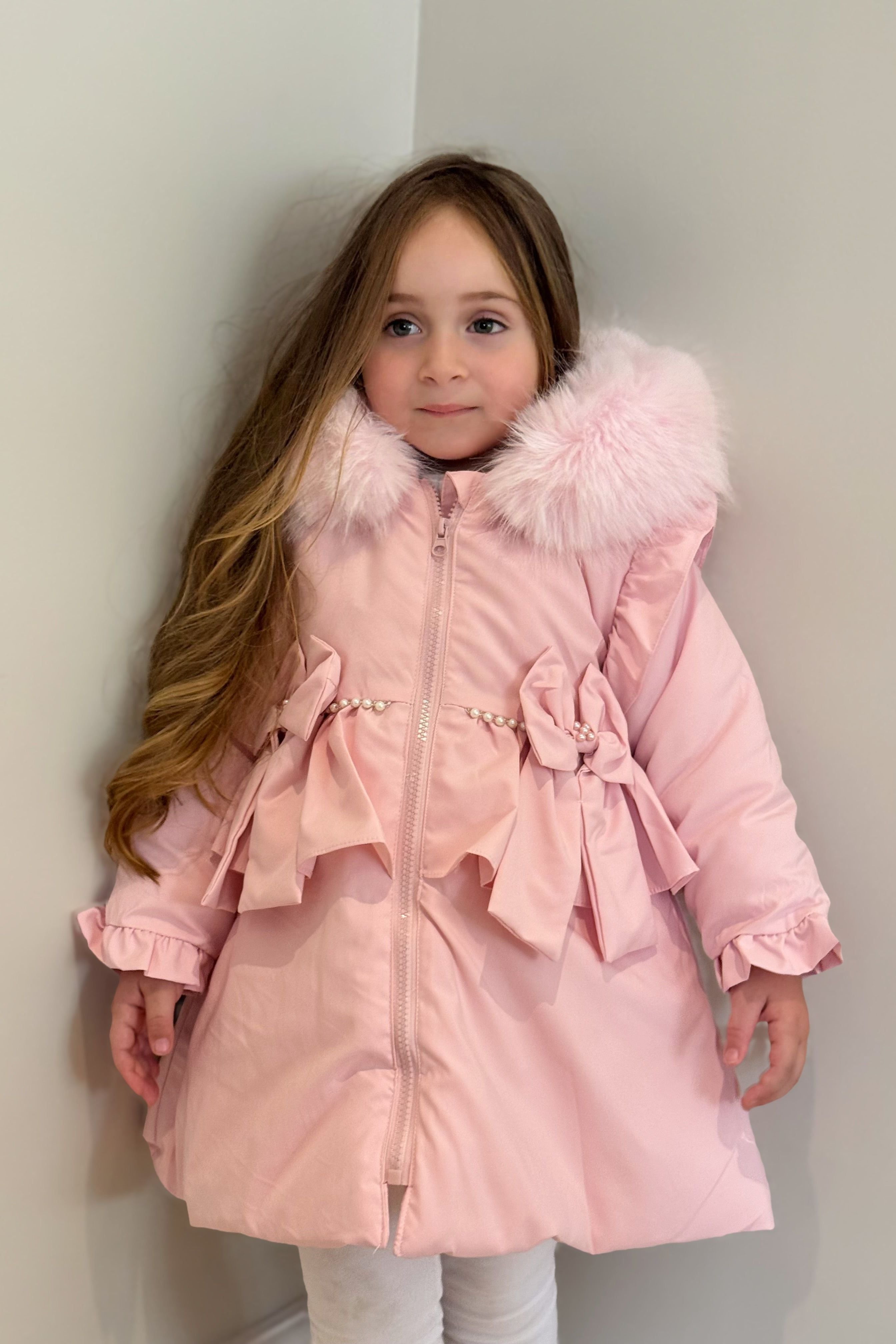 Girls Pink Bow Frilly Coat