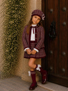 AW26 Rahigo Burgundy Knit Skirt Set with Cardigan, Beret & Socks Rahigo Moda Infantil
