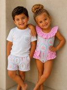 SS26 By Dot Girls  Castle Stripe Swimming Costume By Dot Kids