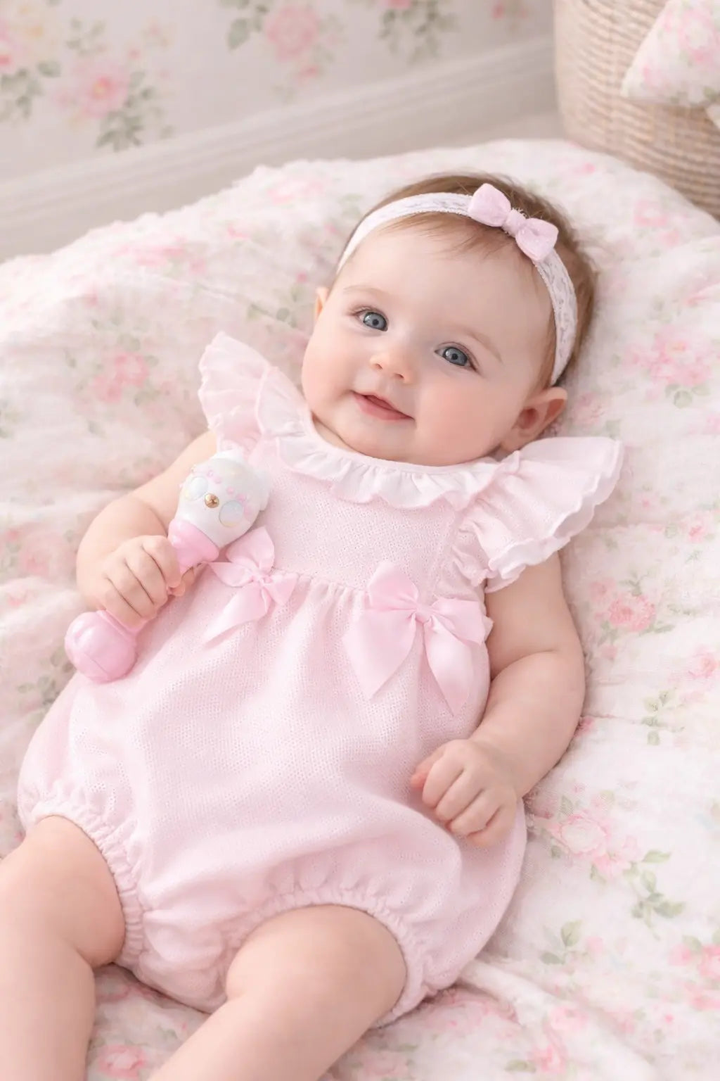 SS26 Baby Girls Pink Pique Frill Romper Dainty Delilah