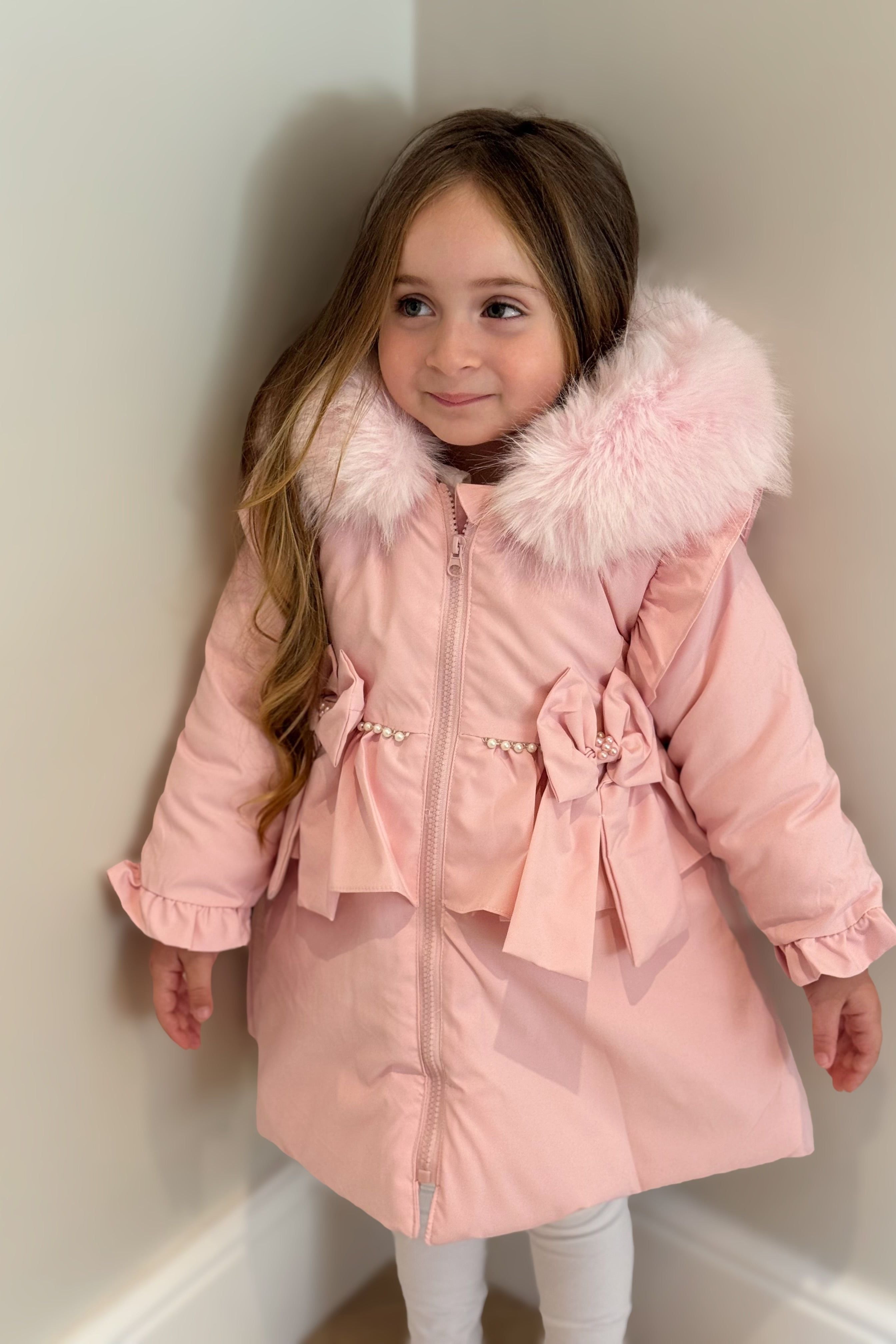 Girls Pink Bow Frilly Coat