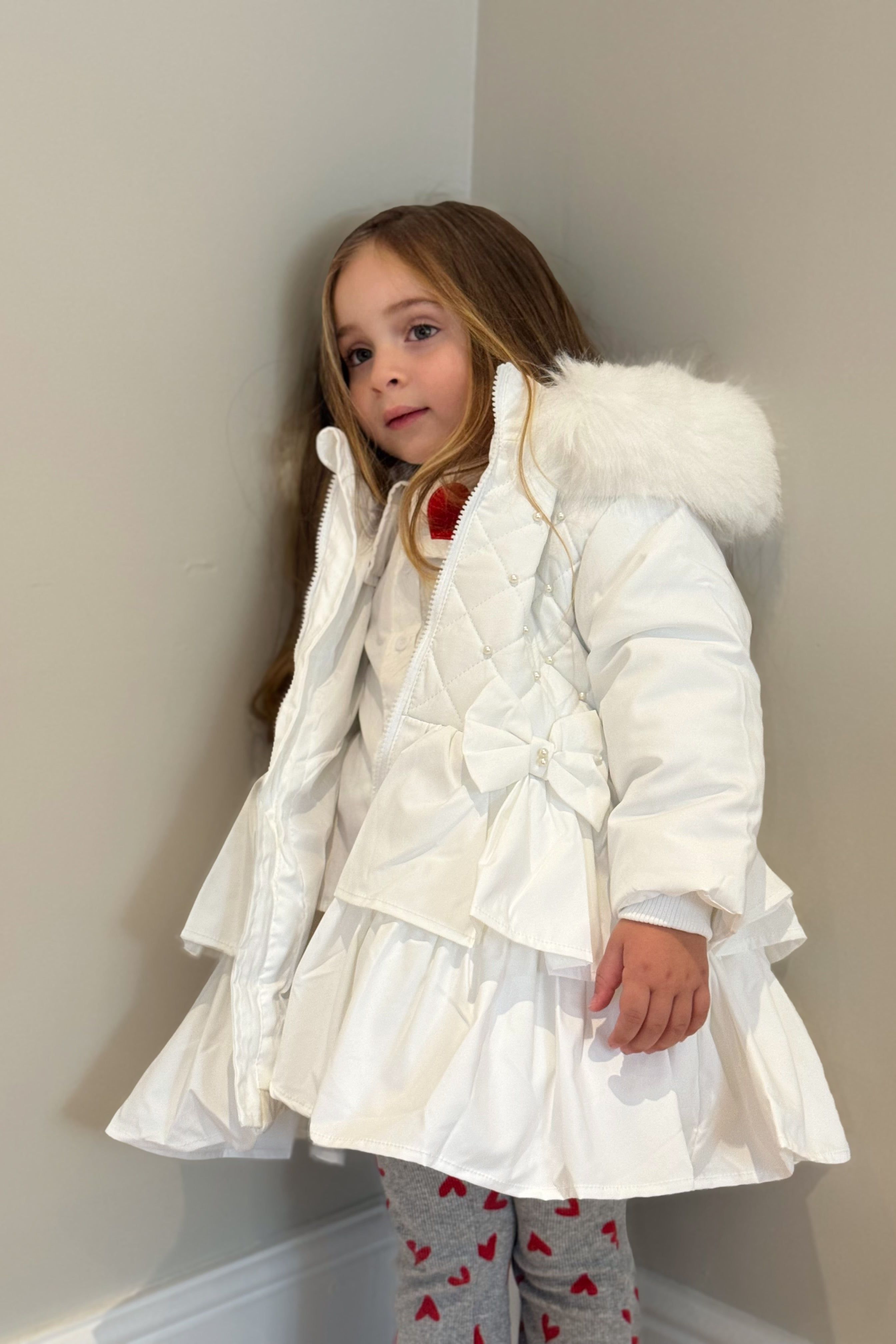 Girls White Pearl  Frilly Coat