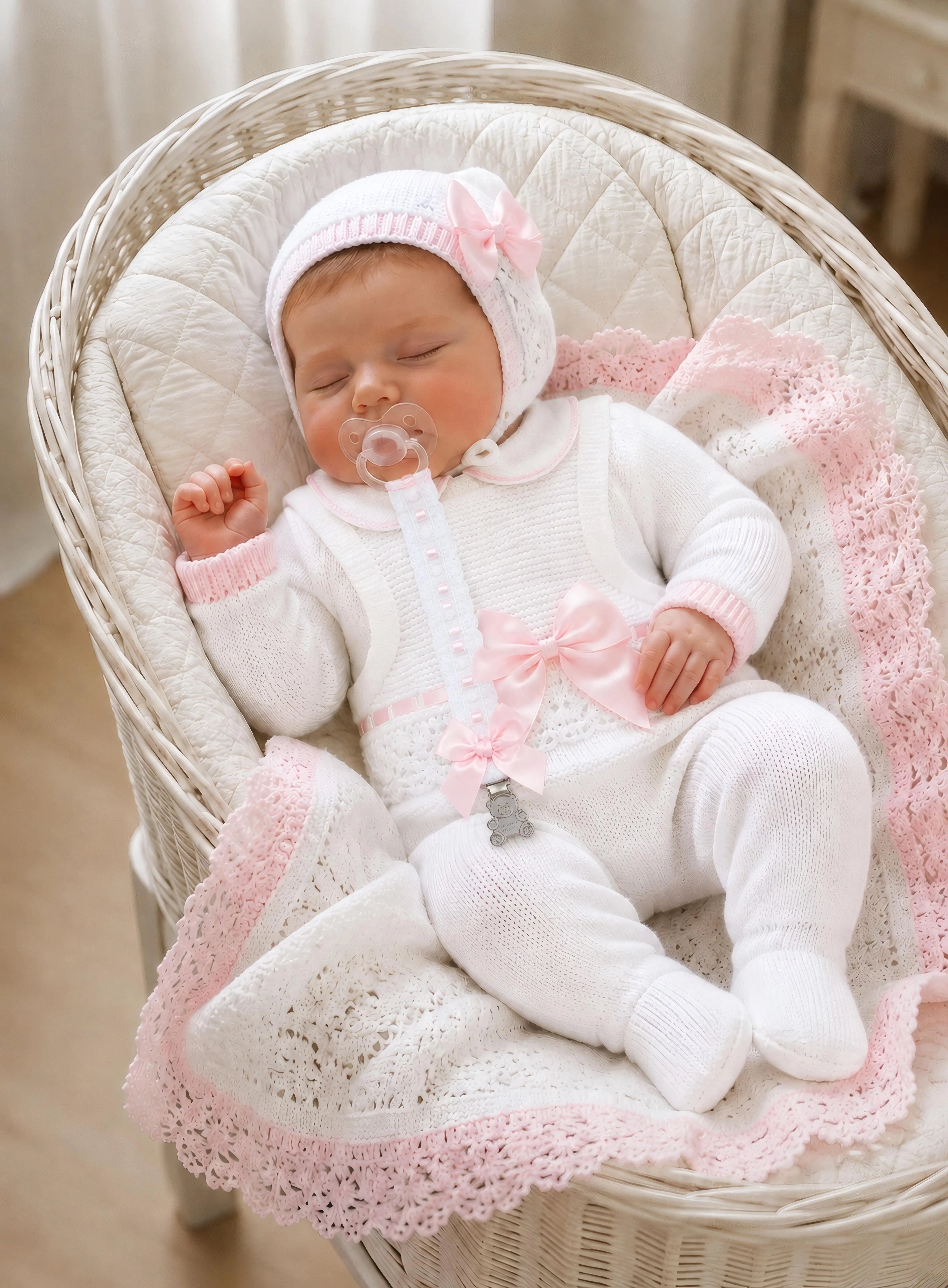 AW26 Baby Girls White & Pink Spanish Baby Knitted Set Dainty Delilah