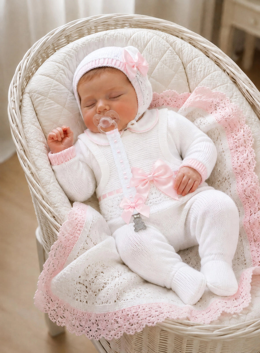 AW26 Baby Girls White & Pink Spanish Baby Knitted Set with Peter Pan collar, matching bottoms, and bonnet. Sizes Available: 0-3 Months.