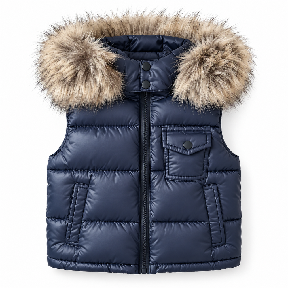 AW26 Navy Blue Fur Hood Gillet Puffer Jacket
