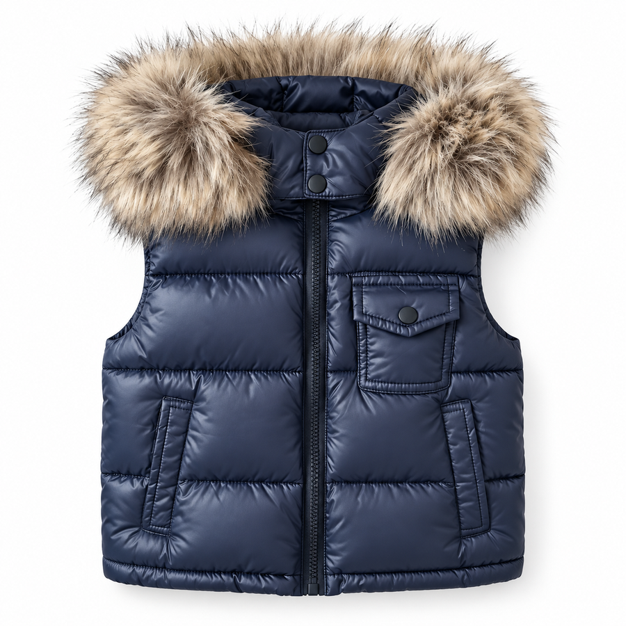 AW26 Navy Blue Fur Hood Gillet Puffer Jacket