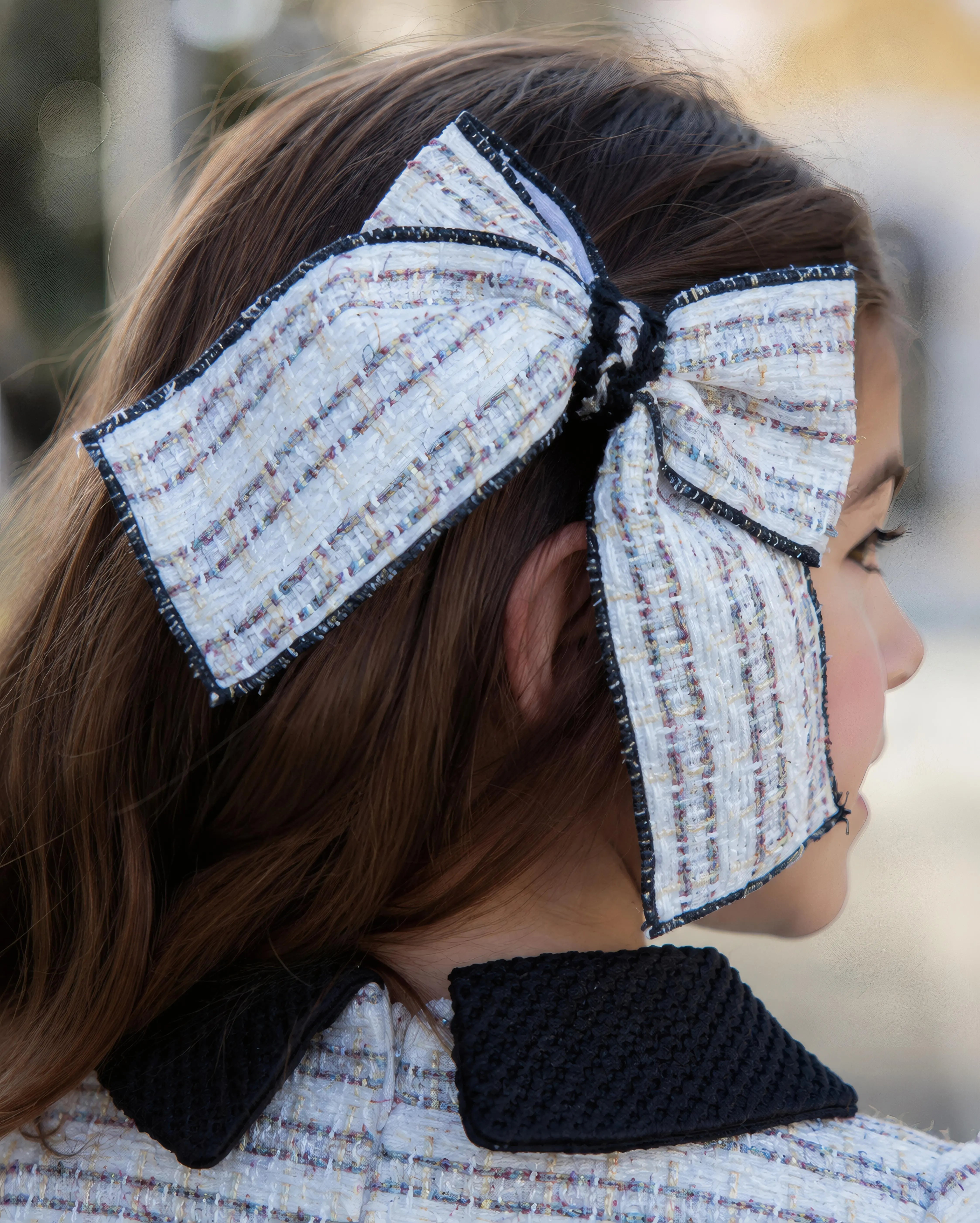 AW26 Naxos Black Chanel Tweed Girls Hair Bow Naxos