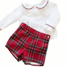 Children's white long-sleeve blouse with Peter Pan collar and red plaid shorts set