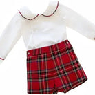White long-sleeve shirt with Peter Pan collar and red plaid high-waisted shorts for children