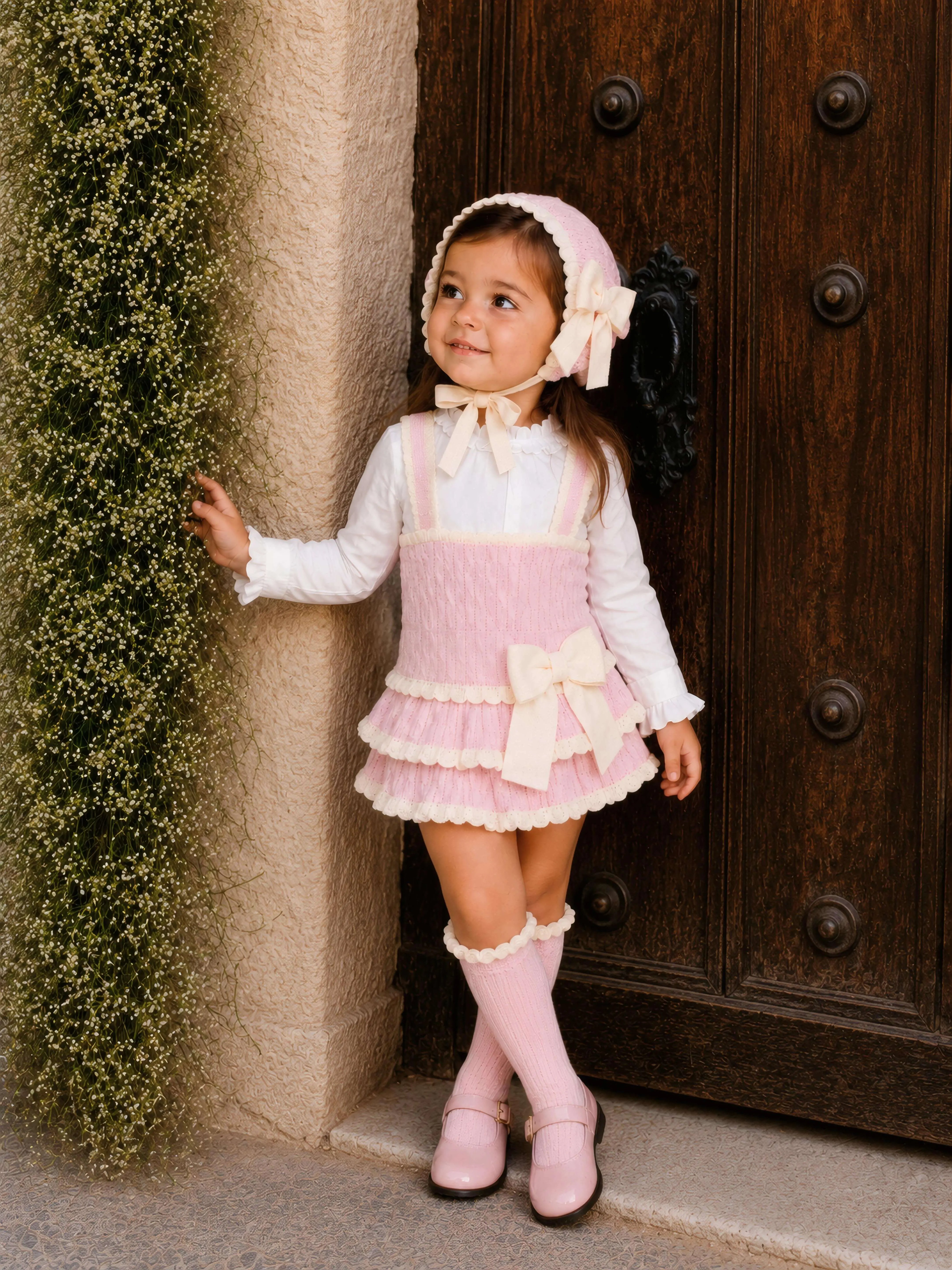 AW26 Rahigo Baby Girls Pink & Cream Cardigan,Pinafore,Shirt,Bonnet & Socks Rahigo Moda Infantil