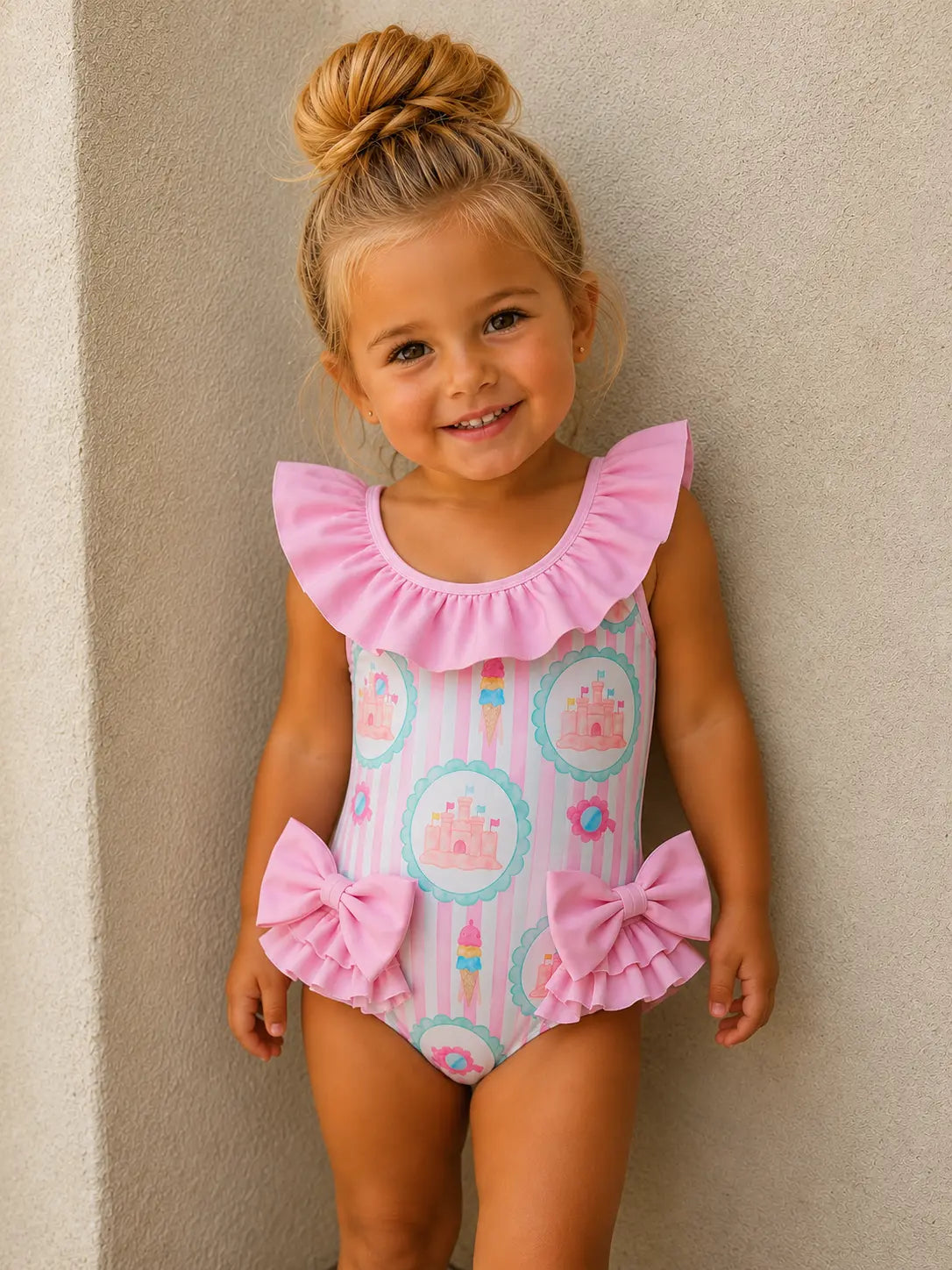 SS26 By Dot Girls  Castle Stripe Swimming Costume By Dot Kids